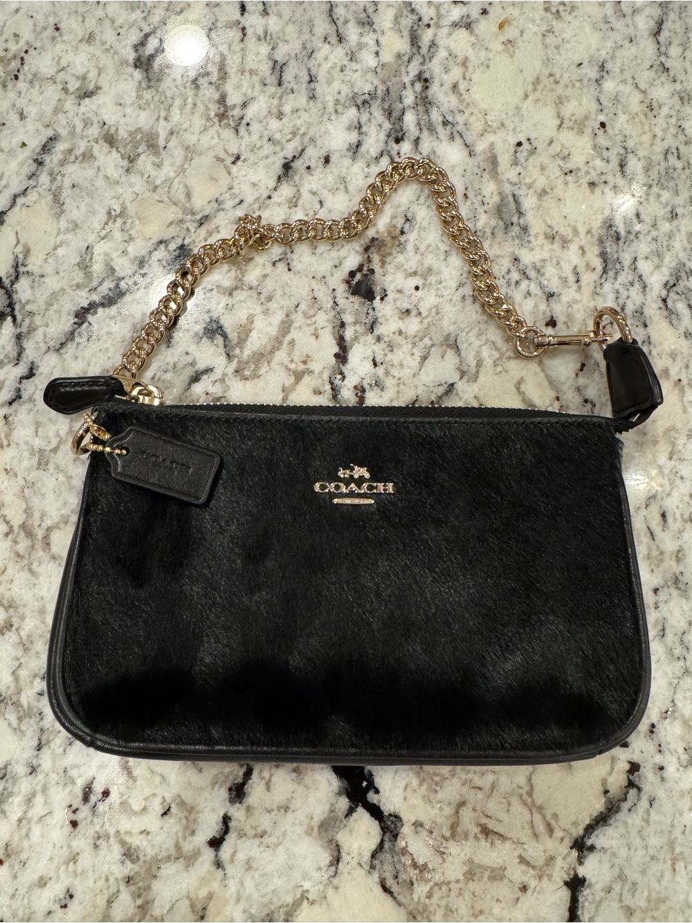 Coach Black Haircalf Wristlet with Gold Chain